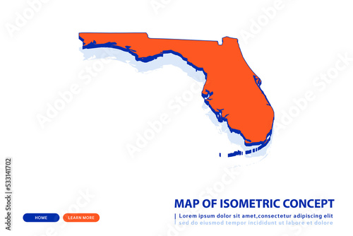 Orange map of Florida on white background. Vector modern isometric concept greeting Card illustration eps 10.