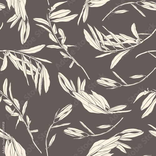 Seamless black background with olive leaves. Ideal for printing on fabric or paper. 