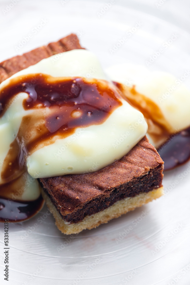 marble sponge cake with creamy custard sauce