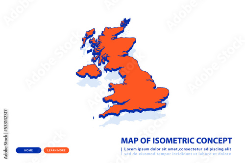 Orange map of United Kingdom (UK) on white background. Vector modern isometric concept greeting Card illustration eps 10.
