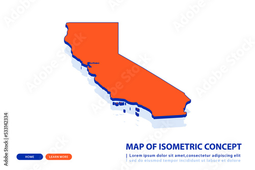 Orange map of California on white background. Vector modern isometric concept greeting Card illustration eps 10.