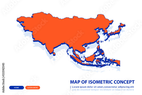 Orange map of Asia on white background. Vector modern isometric concept greeting Card illustration eps 10.