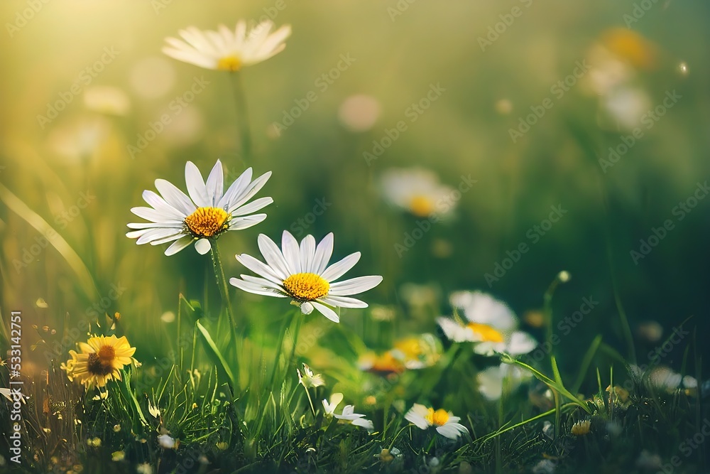 White daisy blooms in a field on a summer sunny day. Nature Background with blossoming daisy flowers. Romantic wild green field of daisies with selective focus