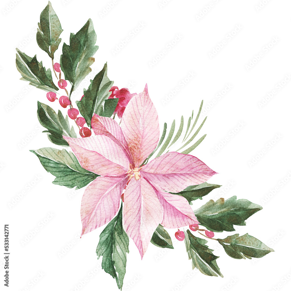 Watercolor Christmas Winter Plants Needles Christmas Star Poinsettia Holly Pine Cones Wreaths and Bouquets Watercolor Christmas Winter Plants Needles Christmas Star Poinsettia Holly Pine Cones Wreaths and Bouquets