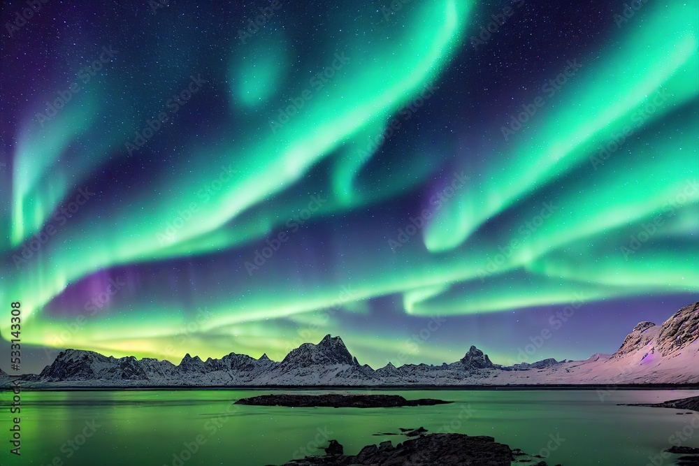 Aurora borealis and happy Man. Starry sky, green polar lights. Night landscape. Northern lights