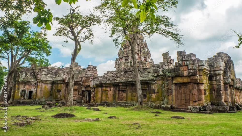 Time lapse of Phanom Rung Historical Park in the rainy season with greenery It is an important historical site in the Khmer period. located in Buriram, Thailand Time lapse of Phanom Rung Historical Park in the rainy season with greenery It is an important historical site in the Khmer period. located in Buriram, Thailand