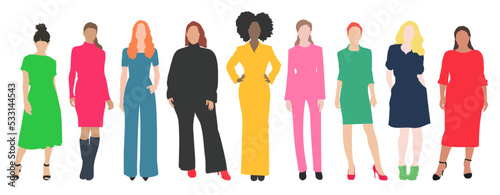 Beautiful women silhouette vectors, woman in colorful clothes standing illustration