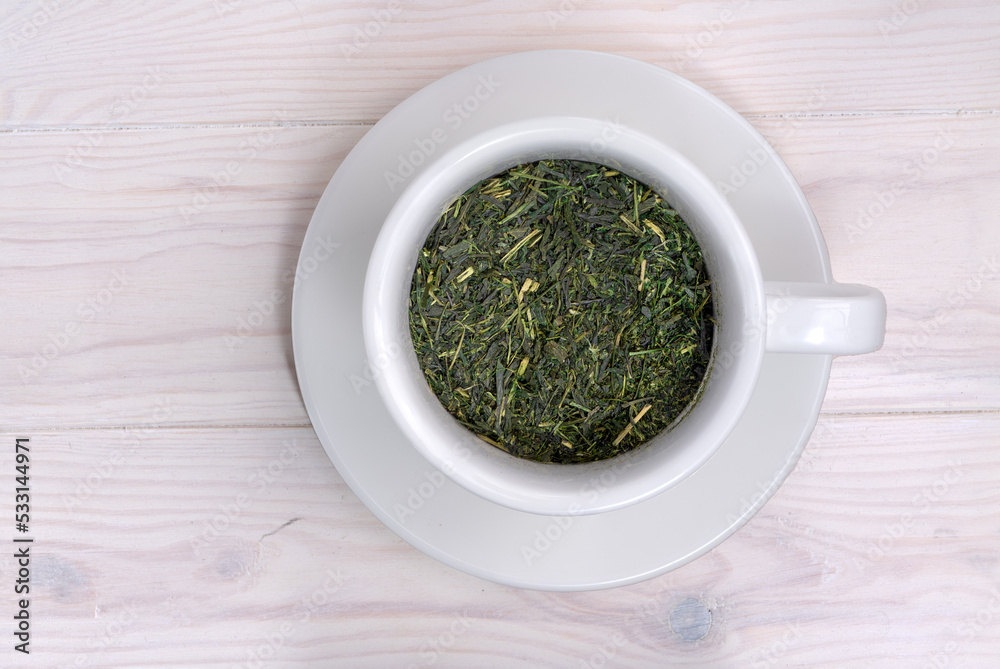 top view of a mug with sencha teas top view of a mug with sencha teas