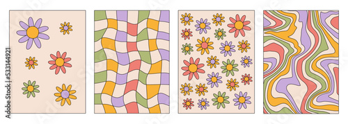 Retro set vertical backgrounds in style hippie 60s, 70s. Trendy collection groovy flowers, distorted checkered and waves templates. Pastel colors. Vector illustration