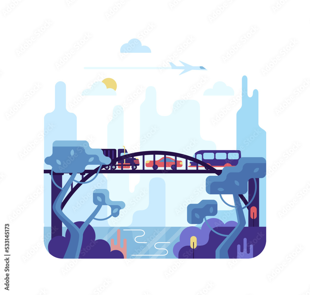 Vector cartoon illustration with bridge and cars. 