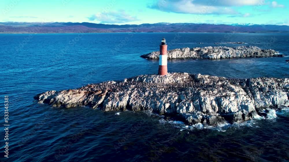 Lighthouse At Ushuaia Tierra Del Fuego Argentina. Patagonia Wide Tourism. Traffic Of Patagonia Touristic. Latin America Traffic Colorful Skyline.