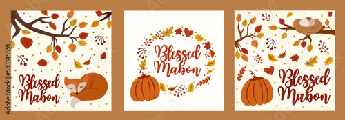 Mabon autumn greeting cards set. vector illustration photo