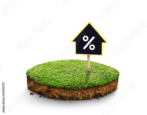 House symbol sign with interest rate sign on round grass and geology cross section with soil on white background, Mortgage rates business concept of investment real estate interest rates. 3d.