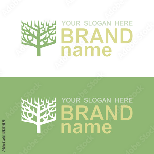 Logo with tree and text. Square crown with branches without leaves  light yellow  gold text on a white and green background. Eco icon  sign  symbol for a company  natural products. Vector illustration