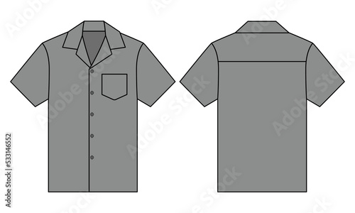 Gray Hawaiian Shirt With Pocket Template On White Background.Front And Back View, Vector File.
