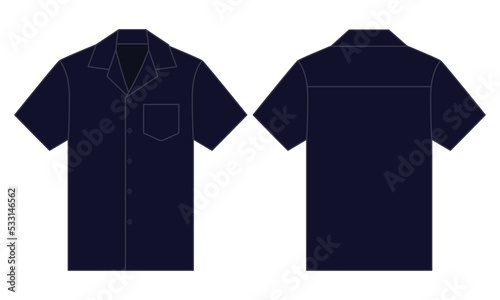 Navy Blue Hawaiian Shirt With Pocket Template On White Background.Front And Back View, Vector File.
