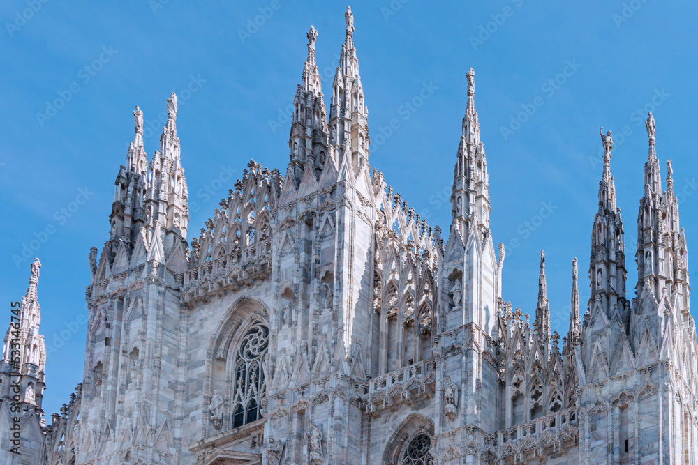 Milan Cathedral, Duomo di Milano, dedicated to St Mary of the Nativity. The Gothic cathedral began to be built in 1386 and took 6 centuries to complete. It is the 5h largest in the world. Italy, 2019