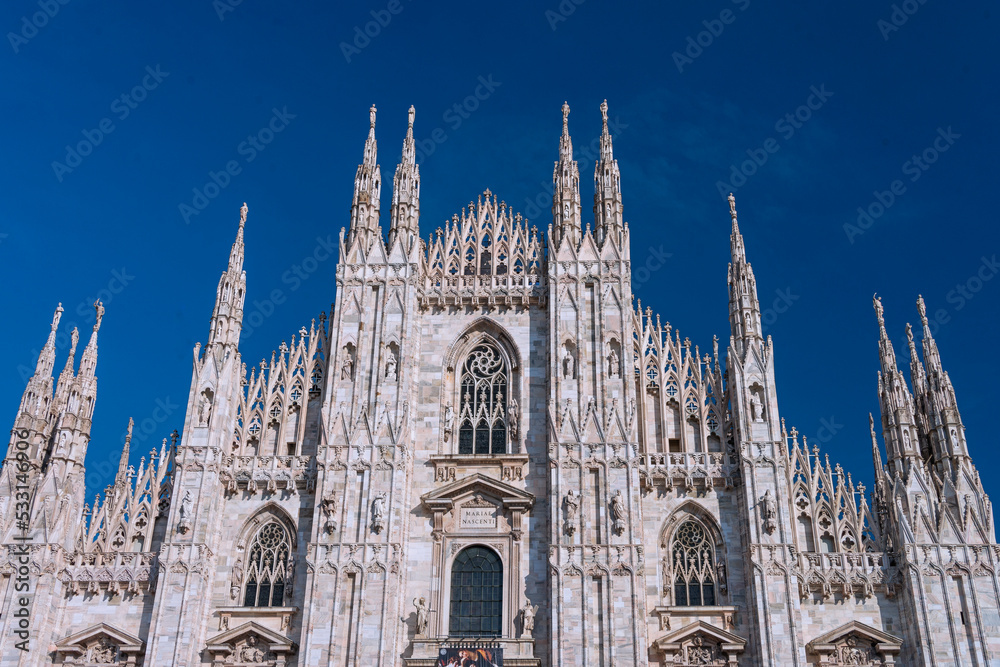 Milan Cathedral, Duomo di Milano, dedicated to St Mary of the Nativity. The Gothic cathedral began to be built in 1386 and took 6 centuries to complete. It is the 5h largest in the world. Italy, 2019