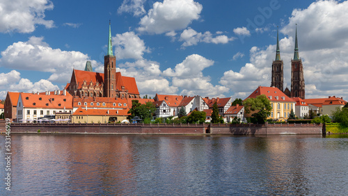 Old houses and towers on Tumski Island in Wroclaw.