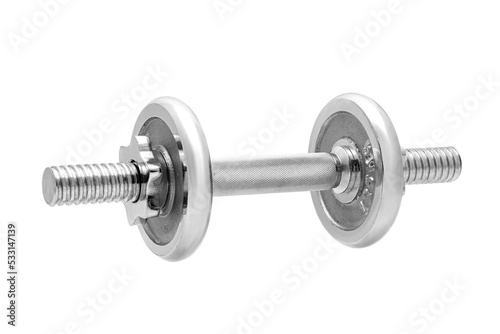 gray adjustable dumbbell from stainless steel with roughened non-slip handle, prefabricated accessory consisting of threaded rod and extra weight pancakes isolated on white background side view.