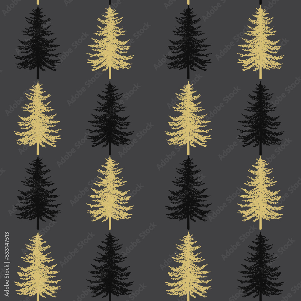 Obraz premium Christmas tree seamless pattern. Noel gold on black print, New year winter decoration, golden christmas background with firs and snowflakes, wallpaper, wrapping paper design