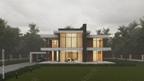 3D visualization of a modern house in the forest. Modern architecture © House