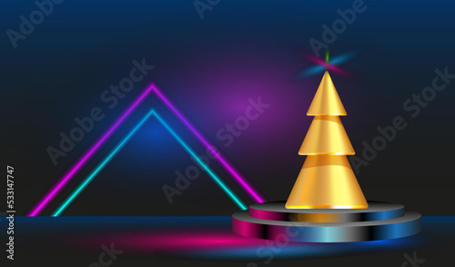 Christmas tree on the podium, neon glow Design element, fluorescent lighting, background for your design, vector.