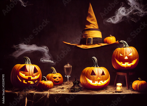 Horrifying Halloween scene with terrifying Jack-o'-lanterns on a witch table, inside, and scary Halloween symbols, 3D rendering
