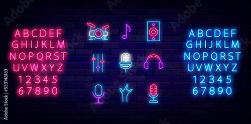 Music neon icons collection. Luminous pink and blue alphabet. Vector stock illustration