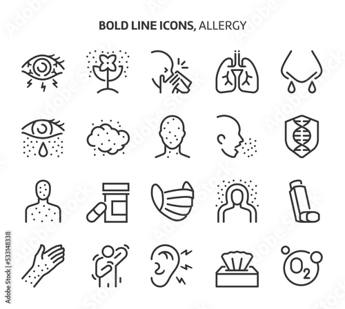 Allergy, bold line icons. The illustrations are a vector, editable stroke, pixel perfect files. Crafted with precision and eye for quality.