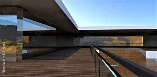 The concept of a spacious terrace covered with wooden decking. A solid glass wall reflecting the mountain landscape. 3d render.