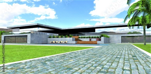 The road is paved with gray cobblestones with a white curb along the edges. Stunning green lawn on the territory of an amazing estate. 3d render.