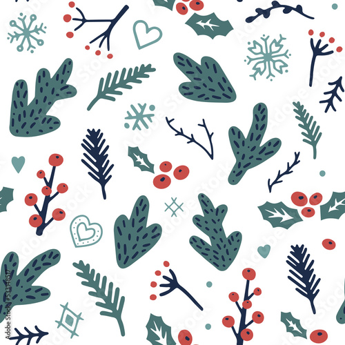Christmas pattern with traditional plants and snowflakes