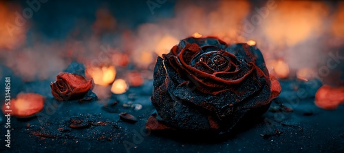 Heartbroken concept by half burnt rose leaving some into black ashes and embers. Digital art 3D illustration. photo