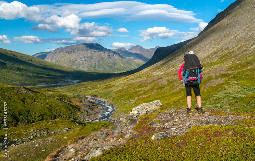 Female hiker with heavy backpack and gear walking in mountain valley in remote Arctic on sunny summer day.Noajdevagge valley with Laddebakte mountain in the back,Sarek National Park,Lapland,Sweden