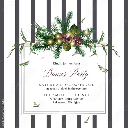 Emerald christmas greenery, spruce, fir, cedar, pine cones vector striped frame