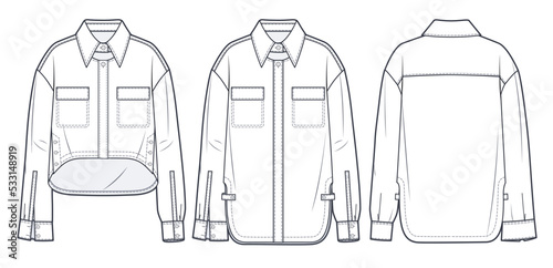 Set of Shirt technical fashion Illustration. Jackets, Shirts fashion flat technical drawing template, button-down collar, long sleeve, cutouts, pockets, front, back view, white, unisex CAD mockup set.