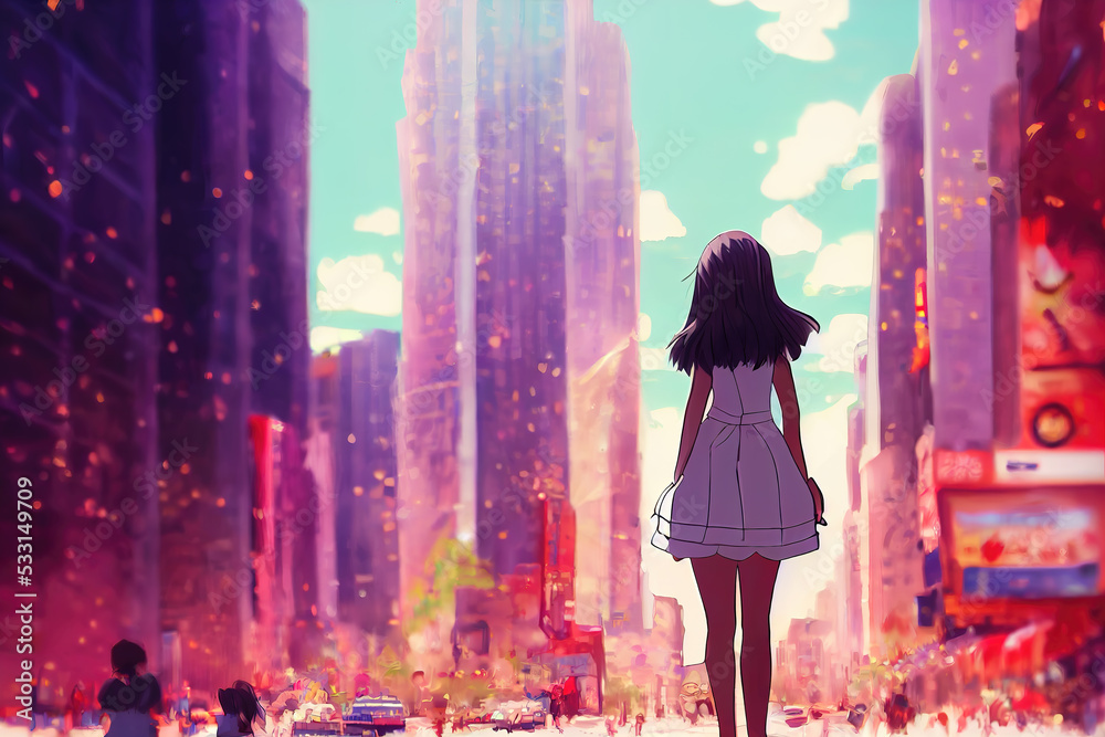 Obraz premium an anime girl standing in front of a big city, colorful manga art