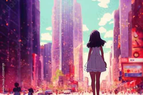 an anime girl standing in front of a big city, colorful manga art