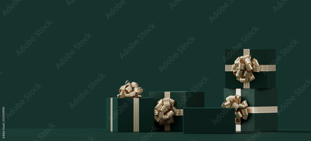 Minimal product background for Christmas, New year and sale event concept. Green gift box with golden ribbon bow on green background. 3d render illustration. Clipping path of each element included. Minimal product background for Christmas, New year and sale event concept. Green gift box with golden ribbon bow on green background. 3d render illustration. Clipping path of each element included.