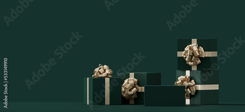 Minimal product background for Christmas, New year and sale event concept. Green gift box with golden ribbon bow on green background. 3d render illustration. Clipping path of each element included.