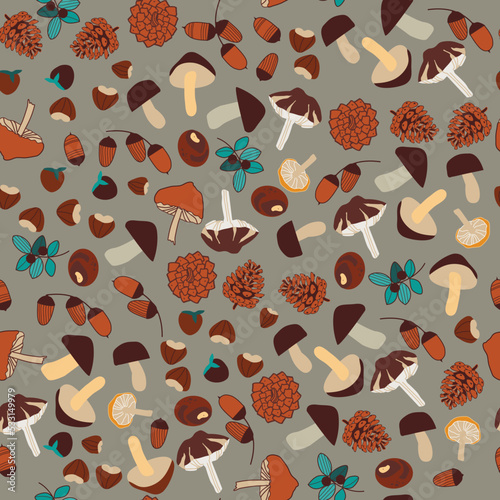 seamless pattern with mushrooms, berries and cones