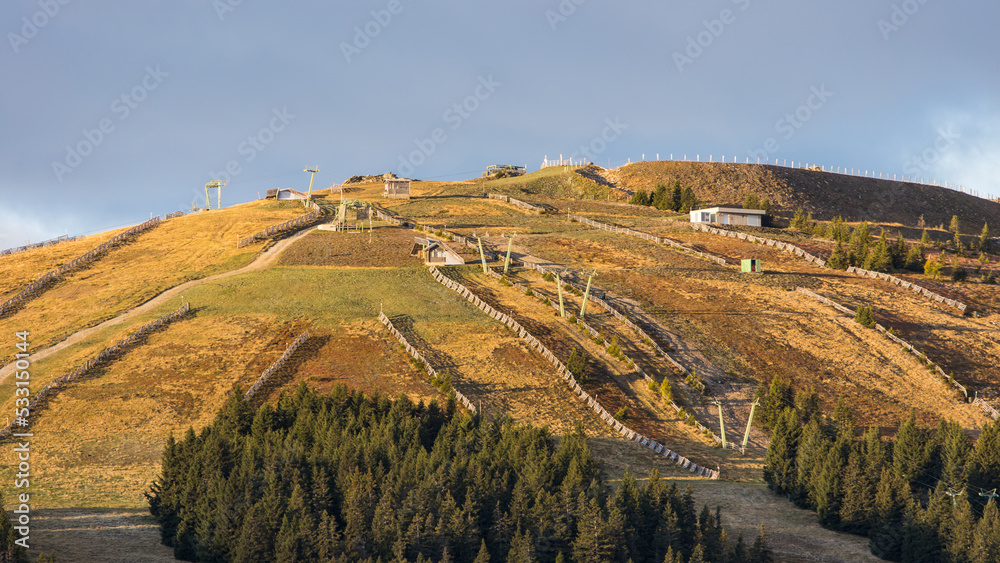 Ski slopes without snow due to war temperatures. Located at the Weinebene in Austria