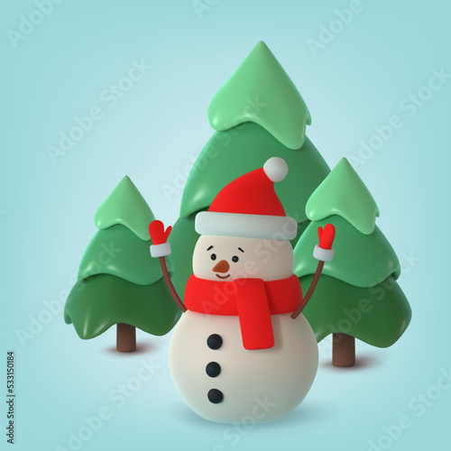 Christmas background with 3d cute happy snowman among the trees. Realistic 3d render. Vector illustration