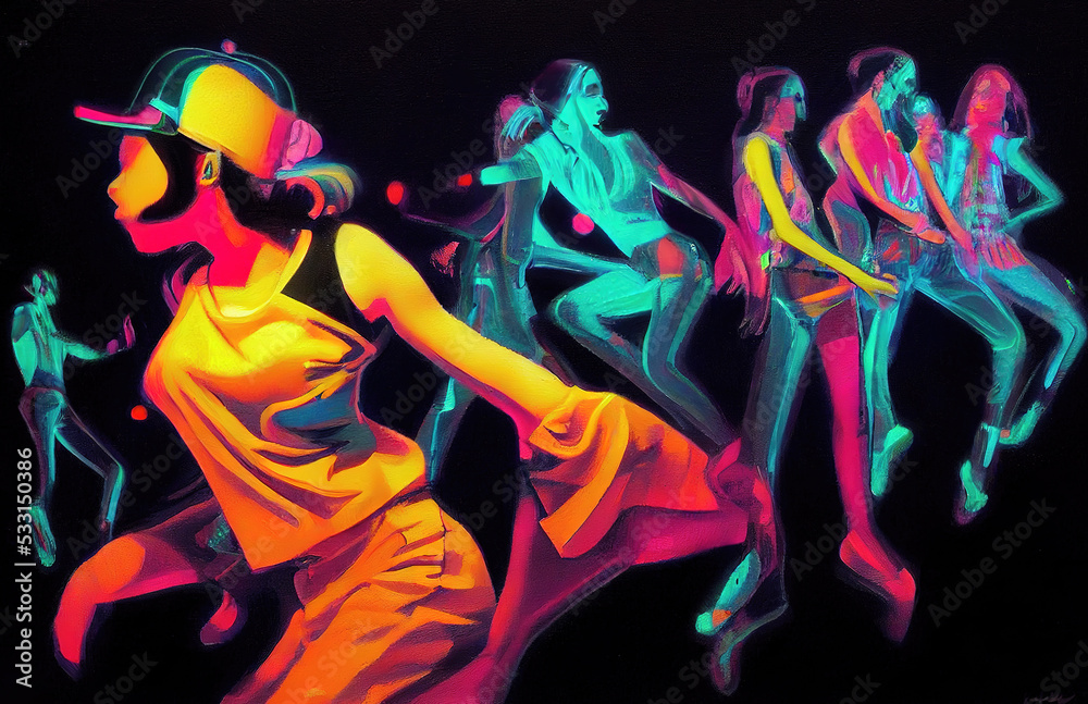 dancing hip hop girl with neon colors, rendered art