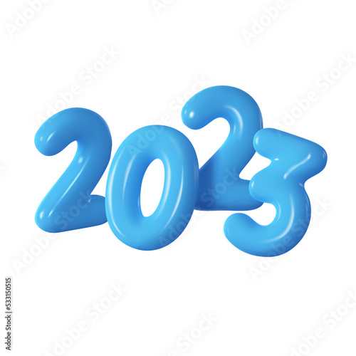 Happy New 2023 Year. Blue number made of plastic in the form of balloons, isolated on white background. Realistic 3d render. Vector illustration