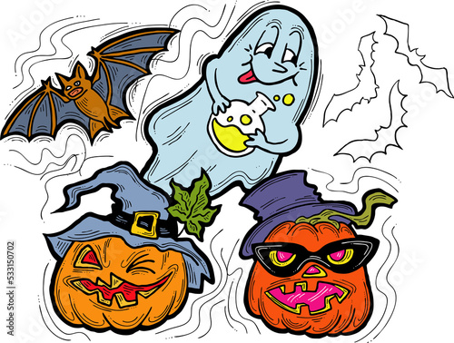 Halloween decorative design composition with pumpkin. ghost, bat. Hand drawn illustration for poster print, party invitation, sale promotion, banner advertisement. Funny, scary cartoon characters.