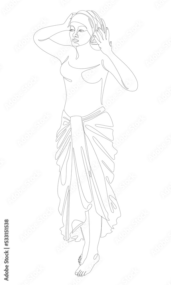 Silhouette of a beautiful girl. Lady in a turban and national clothes. Woman in modern one line style. Solid line, decor outline, posters, stickers, logo. Vector illustration. Silhouette of a beautiful girl. Lady in a turban and national clothes. Woman in modern one line style. Solid line, decor outline, posters, stickers, logo. Vector illustration.
