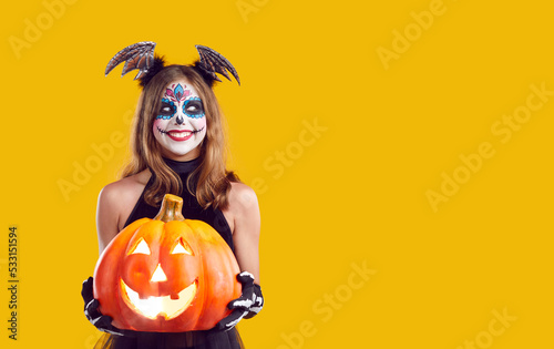 Fototapeta Happy child in Halloween costume on copy space background