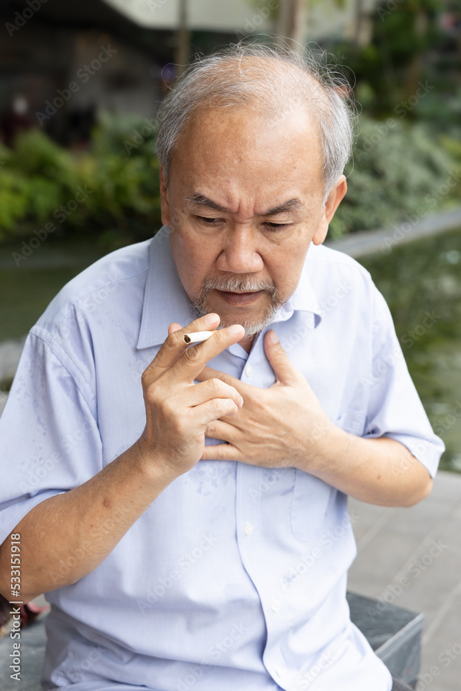 Old senior man smoker having shortness of breath, lung sickness, lung
